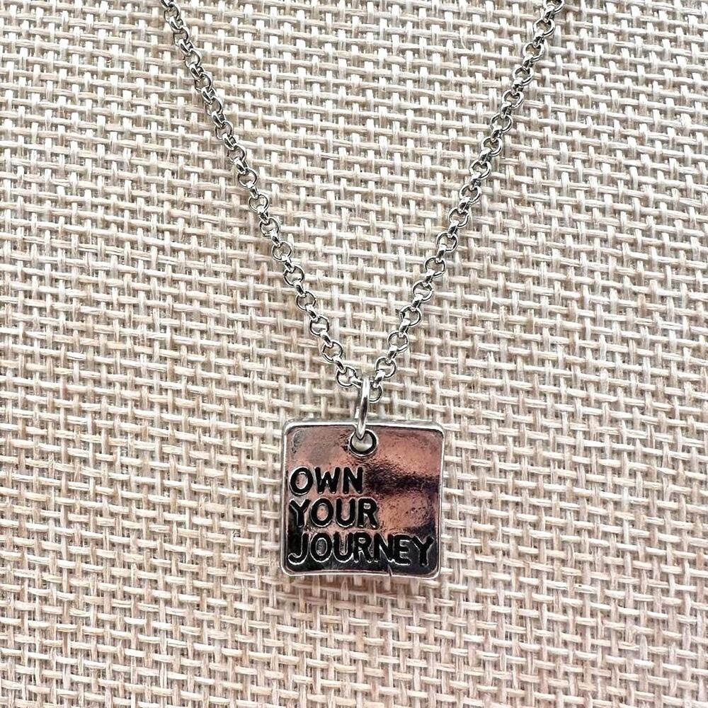 Vintage 80s Own Your Journey Silver Square Pendant Necklace Inspiration Jewelry